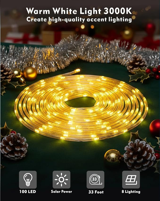 Solar Rope Lights, 33FT 100LED String Lights Outdoor, 8 Lighting Modes Solar Powered Rope Lights for Christmas Easter Party Holiday Tree Decoration, Warm White