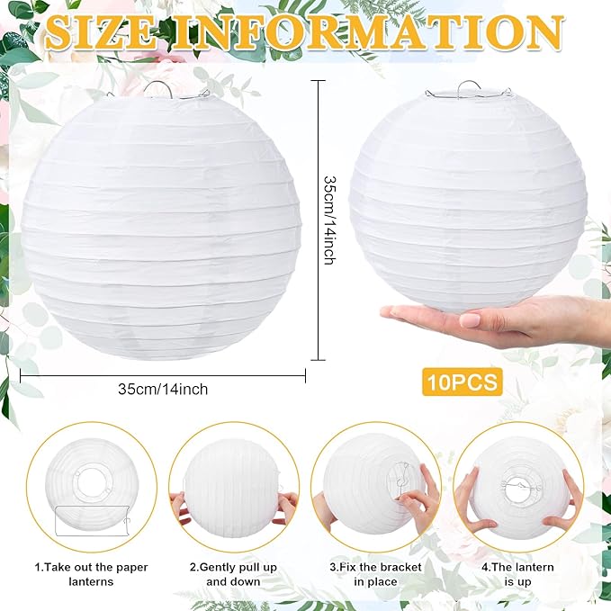 Treela 10 Pack White Chinese Japanese Paper Lanterns Decorative Hanging Round Paper Lantern Lamps for Wedding Birthday Party Decorations (14 Inch)