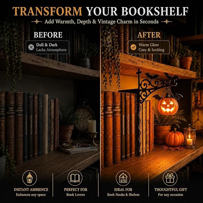 Library Lantern Bookshelf Lamp, Pumpkin Bookshelf Lantern with Warm LED Nightlight, Mini Nook Light for Bookshelf, Decorative Table Desk Luminaire, Halloween Bookshelf Decor for Book Lovers
