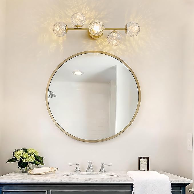LED Brushed Gold Modern Hammered Glass Globe Bathroom Vanity Light | Hammered Glass Globes, Stunning Ripple Reflections, Mid Century Modern Design, Brushed Gold Finish, Integrated LED Source