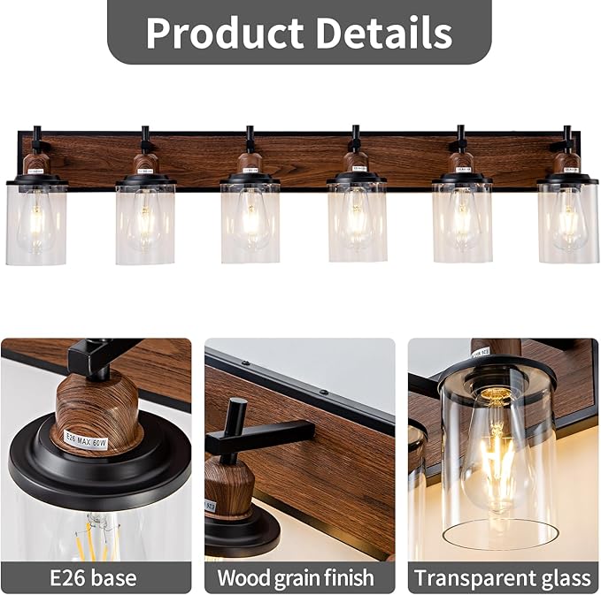 6-Light Farmhouse Bathroom Light Fixtures Vintage Bathroom Vanity Lights Over Mirror Black and Wood Painted Metal Vanity Light for Bathroom with Glass Shades E26 Socket