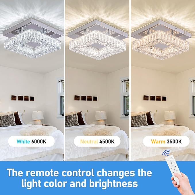 Dimmable Crystal Chandelier LED Ceiling Light with Remote Flush Mount Small Chandelier for Hallway Foyer Kitchen Stair Closet,3 Colors Adjustable
