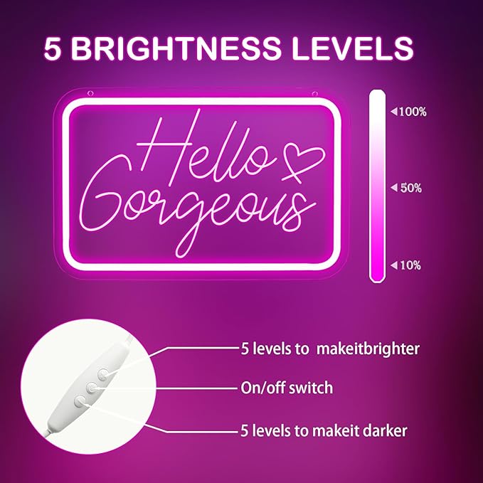 Hello Gorgeous Neon Sign for Wall Decor, Dimmable Hello Beautiful Neon Lights for Home Party Wedding Birthday Bar Club Gifts, Led Light Sign Bacelorette Party Decorations ﻿