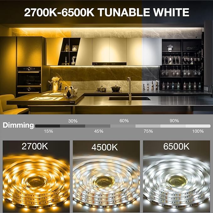 DAYBETTER Under Cabinet Lighting Kit,6 PCS 20 Inch Strip Lights with Remote | Dimmable,2700K-6500K Dual-Color Tunable White,Timing,24V Adapter,Under Cabinet LED Lights for Bedroom,Kitchen,Counter,9.8ft