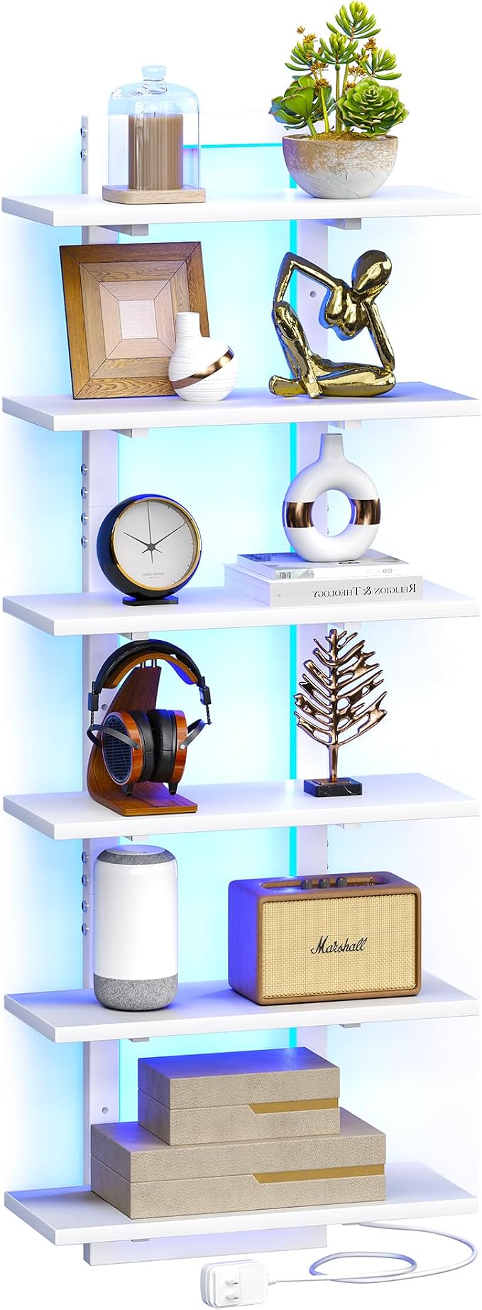6 Tier Wall Shelf Unit Floating Shelves with LED Light, Vertical Wall Shelf, Wall Mounted Display Shelf for Living Room, Bedroom, Vanity, 15" W x 5.9" D x 43.3" H, White