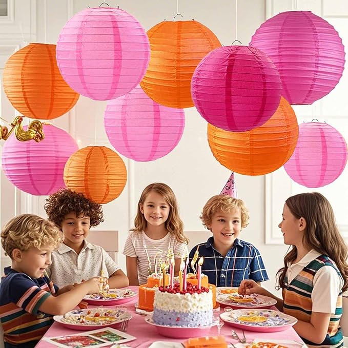 Hot Pink-Orange and Pink Paper Lanterns 12Pcs Hanging Lanterns for Birthday Party, Wedding, Home Decor, Baby Shower Festive Decoration