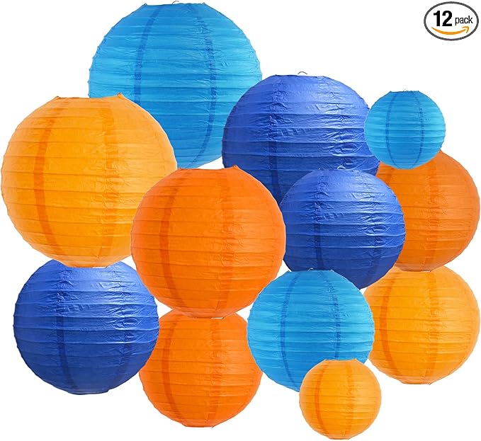 BEISHIDA 12Pcs Blue Orange Paper Lanterns Decorative Hanging Round Paper Lanterns Lamp for Birthday, Wedding,Bridal,Home Decor,Outdoor Decoration,Party Decoration