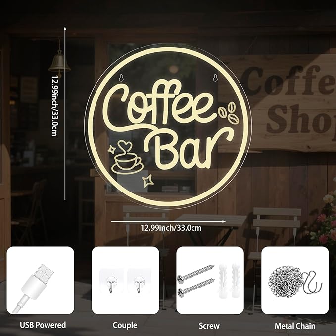 Coffee Bar Neon Sign for Wall Decor Dimmable LED Neon coffee Light Up Sign for Coffee Station, Cafe Shop, Restaurants, Kitchen Party Decoration Gifts(12.99 * 12.99inches)