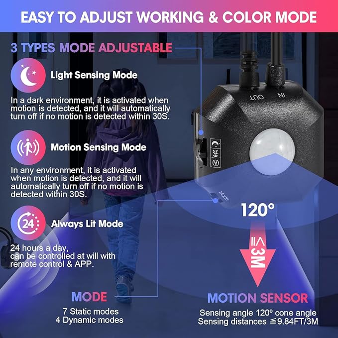 Motion Sensor Under Bed Lights,2x13.12Ft RGB LED Strip with RF Remote & APP | 5V Music Sync Color Changing LED Lights with Constant On,Motion Activated,Light Sensing 3 Modes for Bed Stair