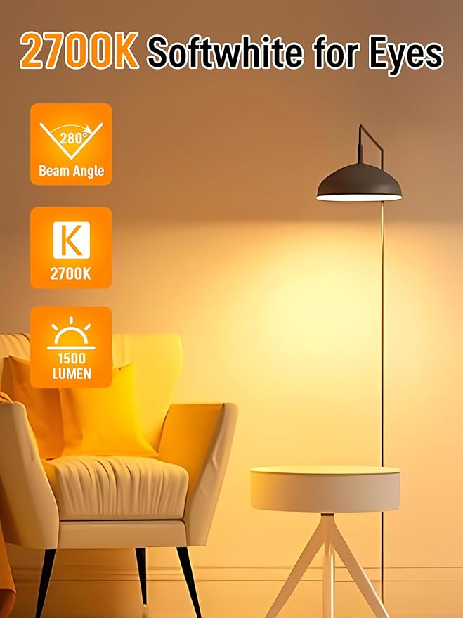 A19 LED Light Bulbs, 100 Watt Equivalent, 15W Soft Warm White 2700K, 1500 Lumens, E26 Standard Base, No Flicker Energy Saving Lamp Bulb for Home, Bedroom, Office, Living Room, Non-Dimmable, 3 Pack