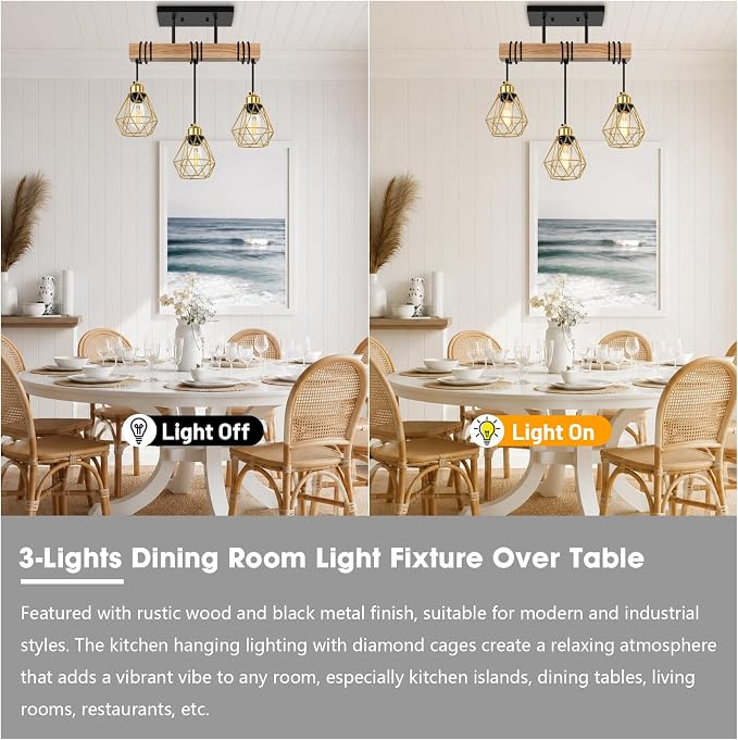 3-Lights Dining Room Light Fixture Over Table, Wood Kitchen Island Lighting Hanging, Farmhouse Chandelier for Dining Room, Black Pendant Light Fixtures with Gold Metal Cage for Bar Restaurant