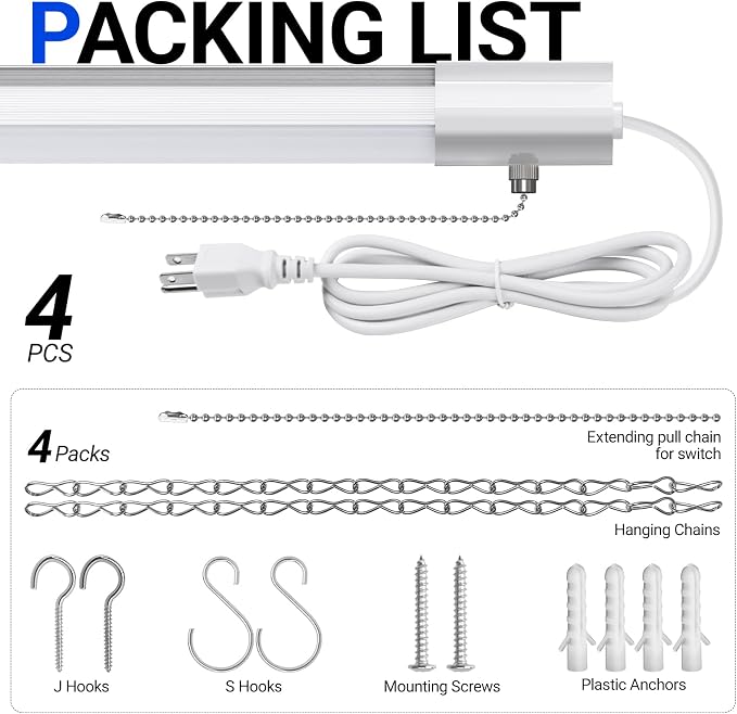 Barrina BS84 LED Shop Lights 4FT for Workshop, 84W 10000LM 5000K, 4 Packs | 4FT for Garage Basement, Hanging or Flush Mount, Linkable to 3, Heat Dissipation with Pull Chain Switch, Frosted Cover, White