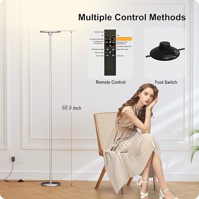 Dimmable Floor Lamp with Remote，Floor Lamps for Living Room Bedroom Office，Adjustable Brightness (10%-100%)and Color Temperature (3000k- 6000k )，Standing Lamp Tall Lamp with Foot Switch (nickel)