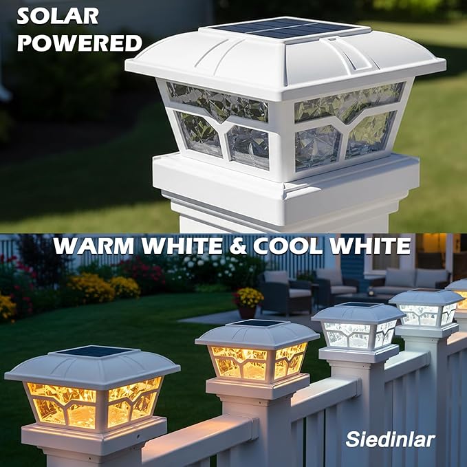SIEDiNLAR Solar Post Cap Lights Outdoor 2 Color Modes 8 LEDs for 4x4 5x5 6x6 Wooden Vinyl Posts Fence Deck Patio Decoration Warm White & Cool White Lighting White (10 Pack)
