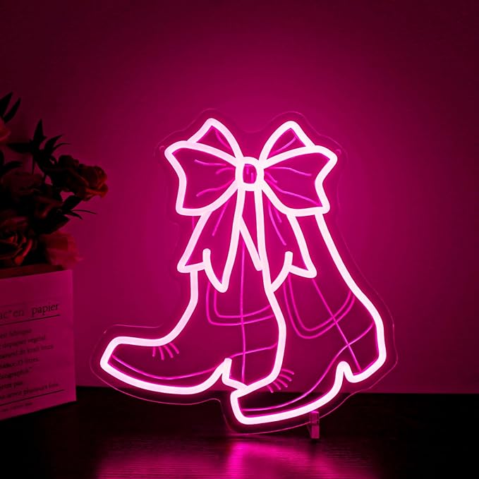 Neon Sign - HSJNJKFU Bow Boots Neon Signs for Wall Decor Beer Bar Signs for Room Decor Pink Led Lights Sign for Home Indoor Decor Birthday Party USB Powered