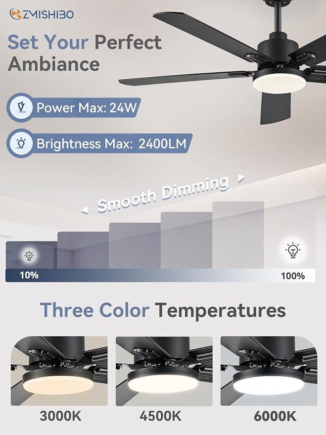 ZMISHIBO 2 Pack 52" Ceiling Fan with Light and Remote, Black Modern Indoor | 24W 2400LM Bright LED, 3CCT, Dimmable, App Control, Farmhouse Dual Finish Blades, Quiet&Strong Motor for Bedroom, Living Room