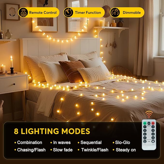 RaThun Globe String Lights Plug in 116 Ft. 200 LED 8 Modes with Remote,Waterproof Fairy String Lights for Indoor Outdoor Bedroom Party Wedding Garden Christmas Tree Decor,Warm White | 200 LED Fairy Lights with Timer, 8 Modes, 16ft Extended Lead, Plug i...