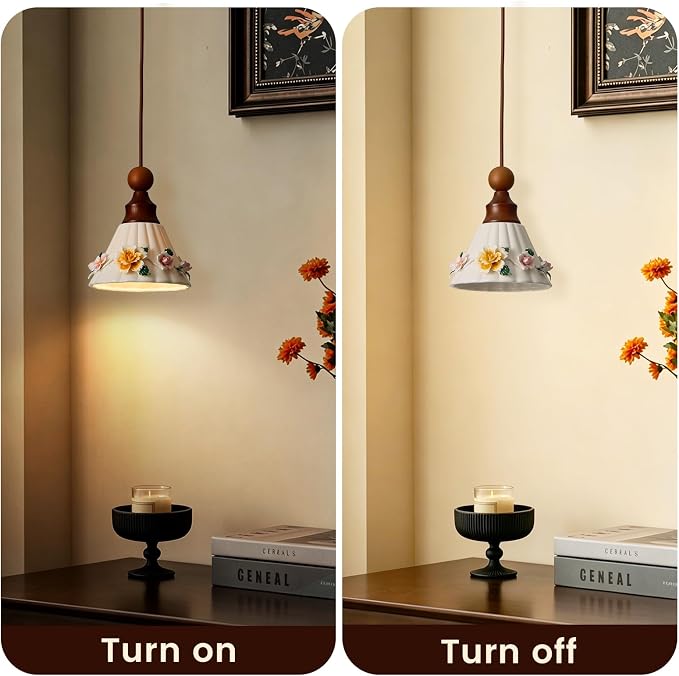 Vintage Ceramic Pendant Light, 6.7in Floral Porcelain Hanging Lamp with wooden Fitting, Mid Century Modern Small Hanging Lighting for Kitchen Island, Bedroom, Girl's Room, Cafe, Nursery, Entrance