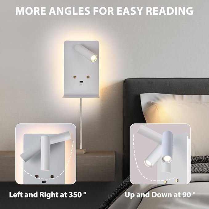 ZEROUNO Touch Dimmable Wall Mounted Reading Light Set of 2, Plug in Bedroom Bedside Lamp Wall Mount Sconce, White Corded Headboard Reading Lamp with USB C+A Charging Ports for Bed Side Room