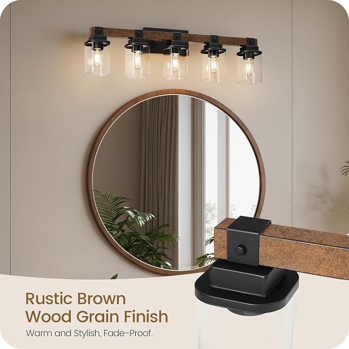 5-Light Bathroom Light Fixtures, Farmhouse Vanity Lights for Bathroom with Glass Square Shade, Rustic Vanity Lights, Sconce Wall Light, E26 Base (Bulbs Not Included), ETL Listed FS10BD05