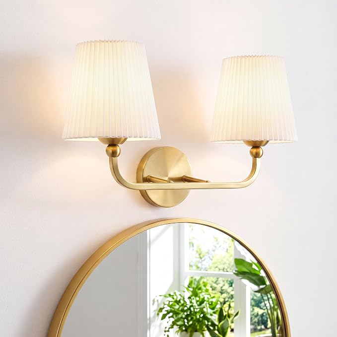 2-Light Brushed Gold Bathroom Vanity Light, Pleated Fabric Shade | 17" 2-light gold double wall sconce with white pleated fabric shades, E26 bulbs, hardwired, upward only, VL837-BG-Z-2
