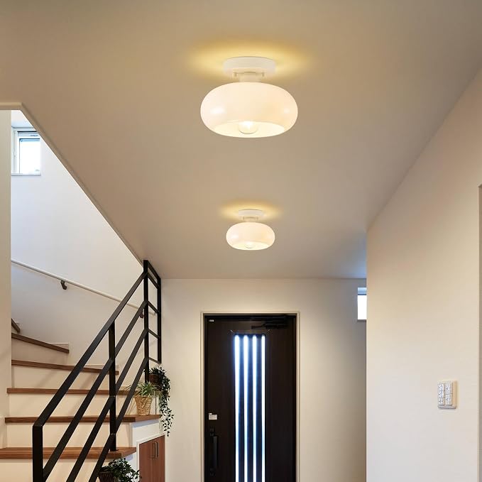WOKNOS Mid-Century Modern Cream White Semi Flush Ceiling Light 8.66 Inch | Mini White Glass Shade Close to Ceiling Lighting Fixture For Kitchen Entryway Hallway Bathroom Closet Bedroom Laundry Room