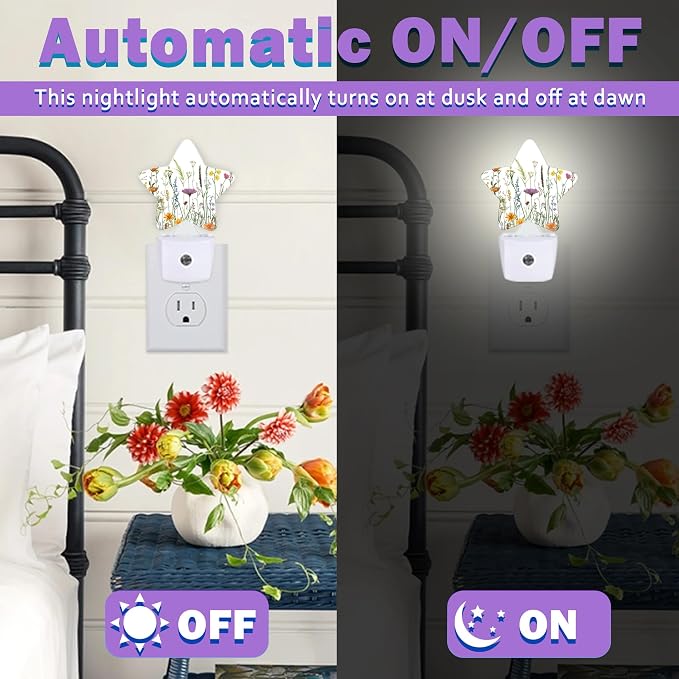 Night Lights Plug Into Wall Decorative,Spring Flower Nightlights for Kids Bedroom, Rustic Wildflower Energy Efficient Dusk-to-Dawn Sensor Sleep Friendly Lamp for Nursery Bathroom