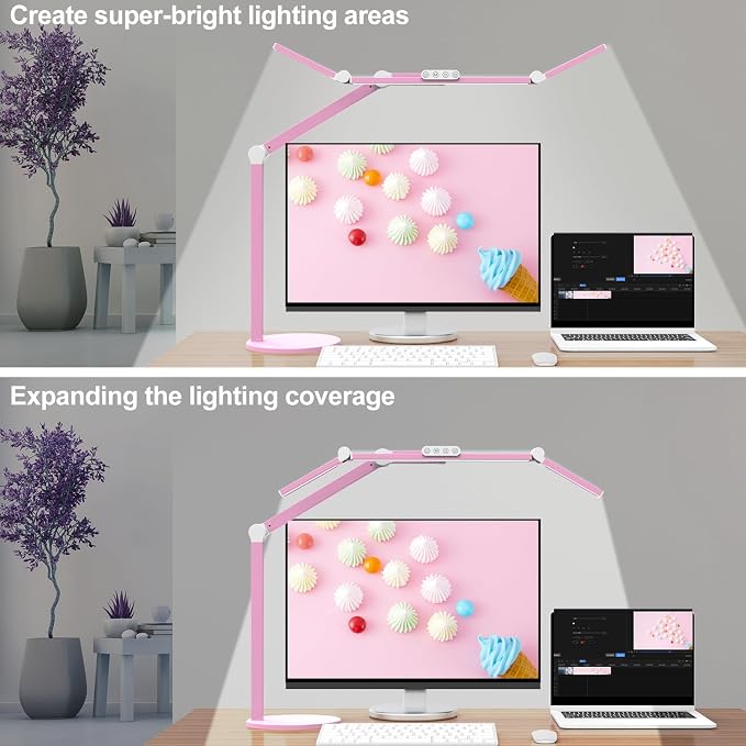 Led Desk Lamp with Base, Adjustable Tall Architect Desk Light for Home Office with Flexible Swing Arm, 24W Pink Bright Table Lamp Auto Dimming Computer Light for Workbench