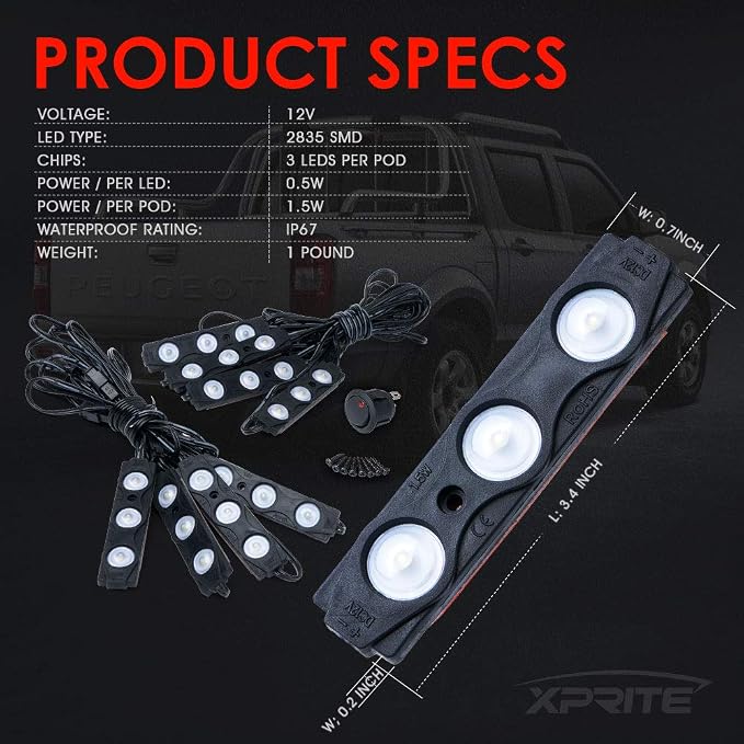 Xprite White Truck Pickup Bed Light Kit, 24 Led Cargo Rock Lighting Kits w/Switch for Van Off-Road Under Car, Side Marker, Foot Wells, Rail Lights - 8 PCS