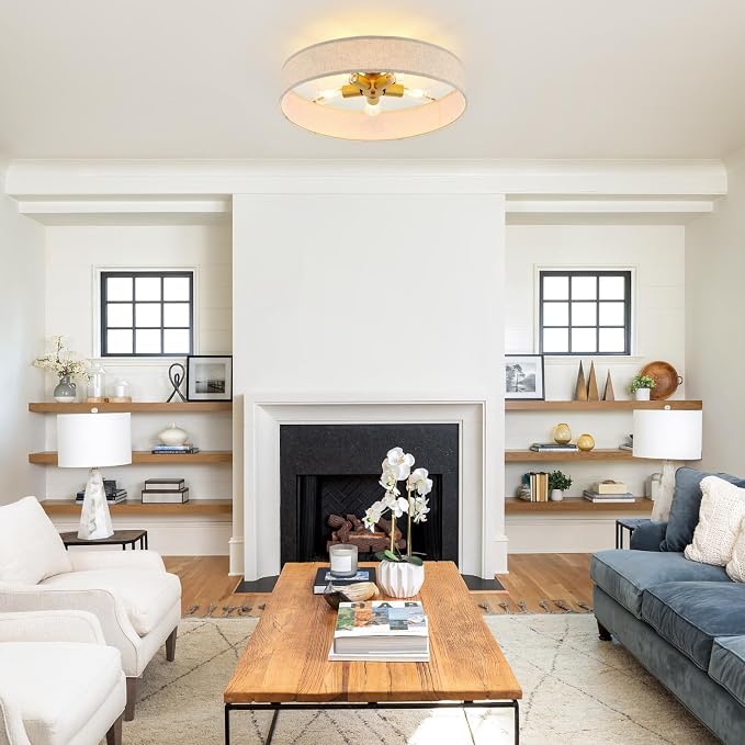 VILUXY Gold Semi-Flush Mount Ceiling Light Fixture 24" Large Modern Ceiling Light with Linen Fabric Drum Shade 5-Light Round Ceiling Lamp for Bedroom Dining Room Entryway