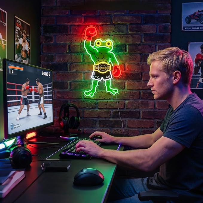 HAJAE Frog Neon Sign, Dimmable Boxing Frog Champion LED Light Wall Decor - Funny Muscular Frog Gifts for Men Boys Kids, Wrestling Birthday Party Decorations, Gym Man Cave Room Neon Light