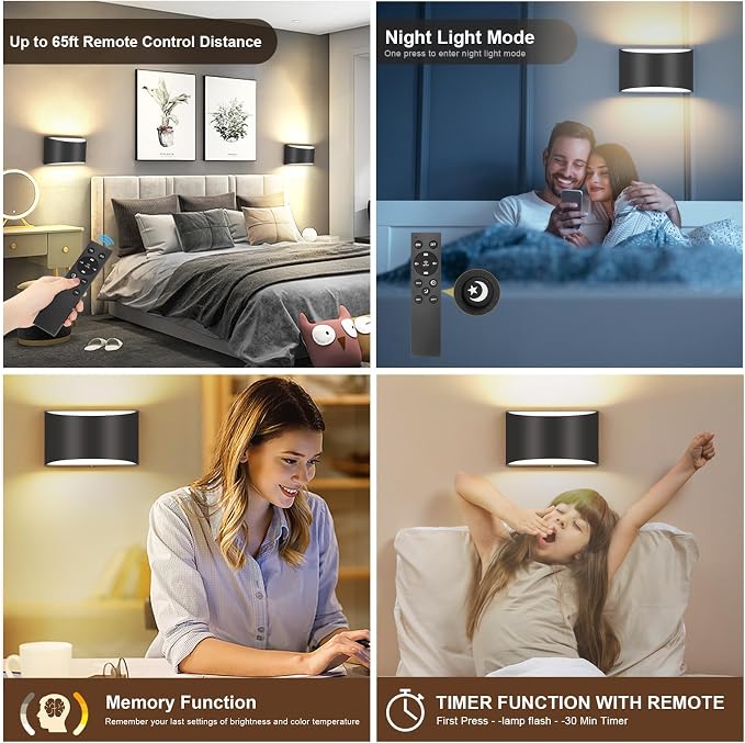 TRLIFE Modern LED Wall Sconces, Remote Control Dimmable and Adjustable Color Temperature 3000K~6000K Aluminum 12W Hardwired 120V AC Dimmable Wall Mounted Light for Bedroom Living Room(Black, 2 Pack)