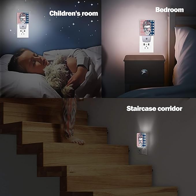 Abstract USA Flag Night Light, Hippe Skull Plug into Wall with Dusk to Dawn Light Sensors, Warm Nightlights for Bedroom, Bathroom, Hallway, Kitchen, Gifts Ideal for Boys Girls Women Men