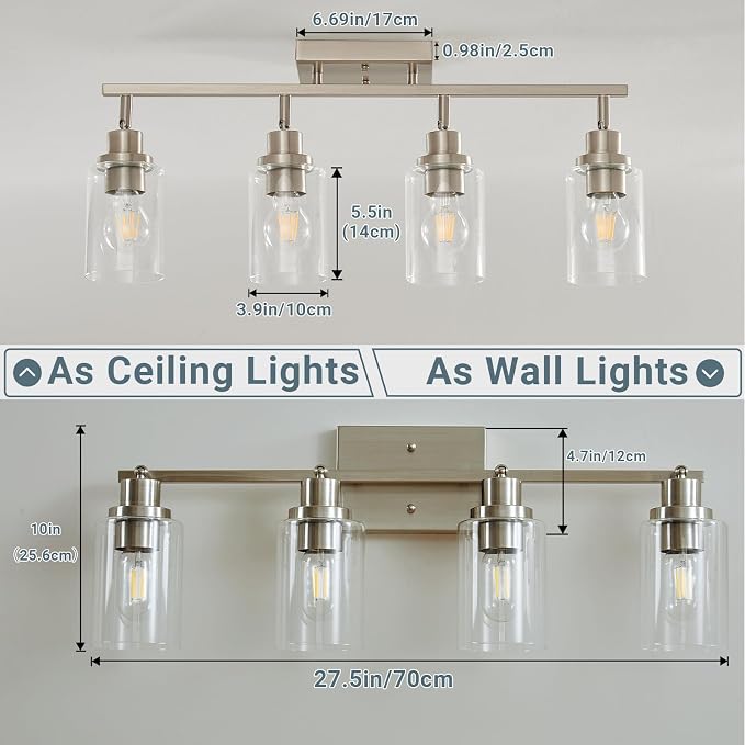 LOUSACE 4-Light Brushed Nickel Track Lighting Kit with Clear Glass, Modern Track Light Fixtures Flush Ceiling Mounted, Tracking Vanity Lighting Rotatable Spotlight for Kitchen Bathroom Accent Shop