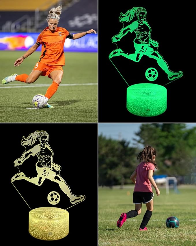Women Soccer Player 3D Illusion Night Light for Girls Gift | 16 Colors Changing, Dimmable, Touch & Remote Control, Birthday Christmas Lamp For Kid Teen Sports Fan, Bedroom Room Décor