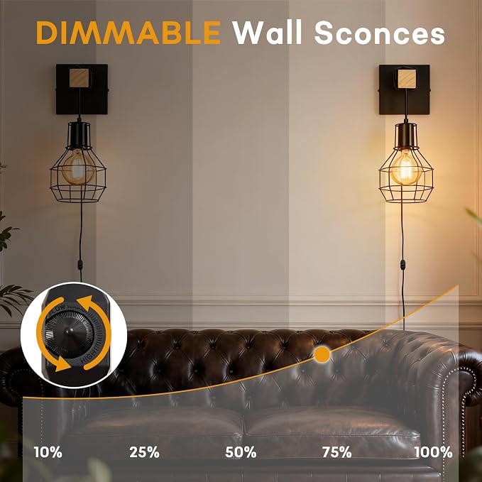 Lightess Plug in Wall Sconces Set of 2 Industrial with Dimmer Cord Control | Wall Mount Light Fixture with ON/Off Dimmable Switch Cord Rustic Accent Lights For Bedroom Living Room Bulb Not Included