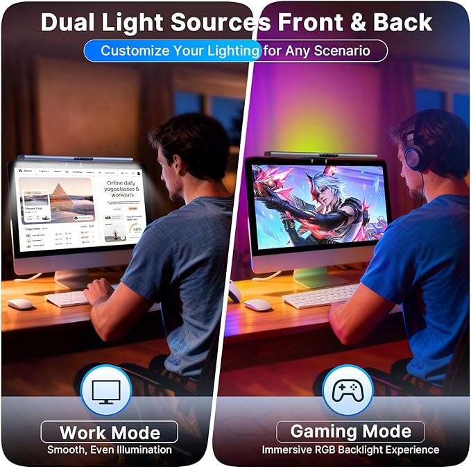 Syrinx 16.7" Computer Monitor Light Bar with Ambient Backlight, USB Reading LED Lamp, Screen Monitor Lamp, Touch + Gesture Control, Dimmable Desk Light, Eye-Caring, No Screen Glare for (RGB)