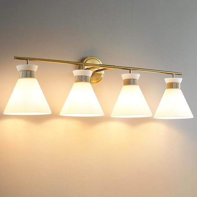 WOSHITU Bathroom Vanity Light Fixtures: 4 Bulb Mid Century Modern Vanity Lights for Bathroom, Brass Gold Wall Sconce Lighting with Frosted Milky Glass for Over Mirror Bath