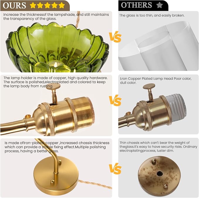 Plug-in Wall Sconce (Set of 2), Vintage Wall Decorative Lamp with Green Glass Shade, Indoor Brass Plug-in Wall Sconce for Bedroom, Living Room, Bathroom, Hallway