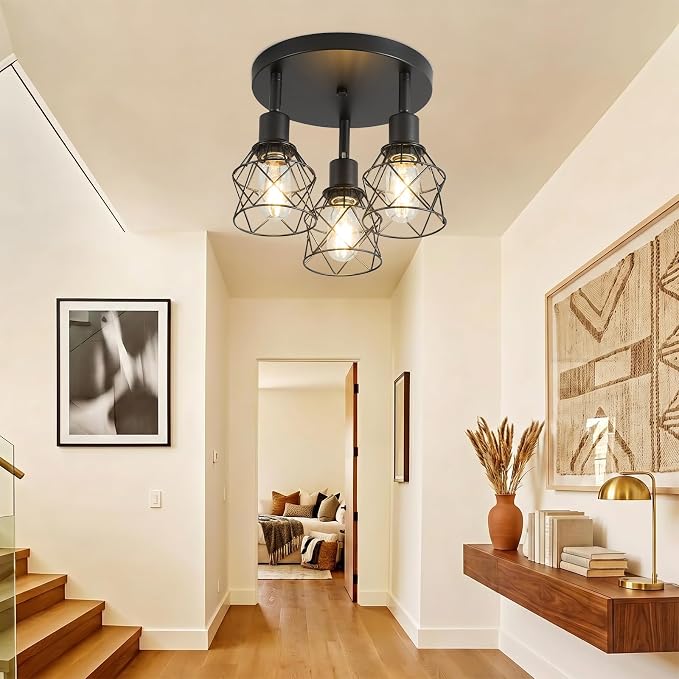 LOUSACE 3-Light Track Lighting with Rotatable Light Head, Black Track Lighting Fixtures Ceiling Industrial Kitchen Round Ceiling Spotlight with Metal Cage for Home Dining Room Hallway