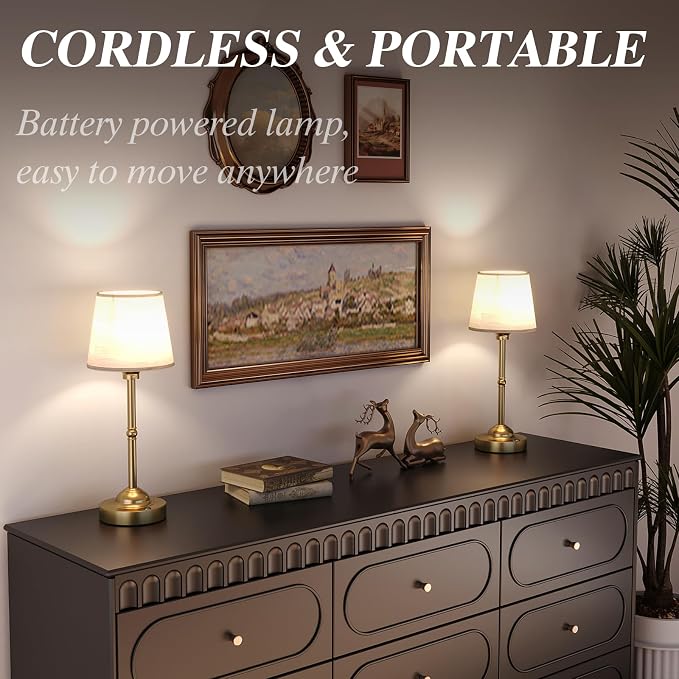 CHLORANTHUS 2 Pack Cordless Table Lamps, 3 Colors Stepless Dimming Fabric Desk Lamp, 6000mAh Rechargeable Battery LED Desk Lamp, Touch Night Light for Bedroom, Dining, Desk, Cafe