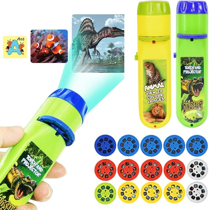 Yeelan 2PCS Projector Torch Projection Light Torches lamp Flashlight Dinosaur, Sea Animals, Space, Animal, 26 Letter Educational Learning Bedtime Night Light for Child,Kids (120 Images, 5 Themes)