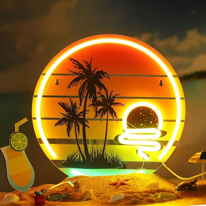 Tropical Neon Sign 11.8 Inch Palm Tree Sunset Neon Light for Wall Decor Colorful LED Light up Bar Signs for Bedroom Bar Beach Theme Restaurant Party Decor Gift
