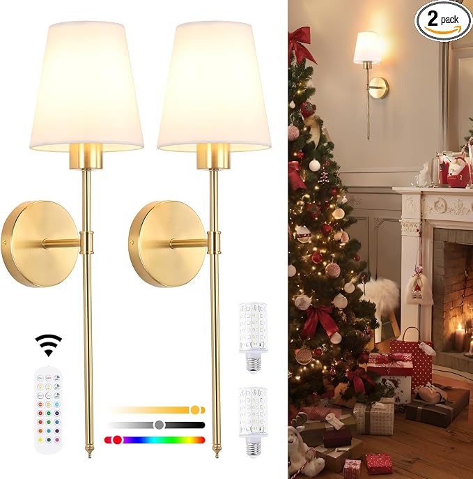 Shenmoyl Fabric Wall Sconce Battery Operated Set of 2, Rechargeable Wall Lights with 5000mAh RGB Dimmable Bulb, 12 Colors Wall Sconces for Bedroom Living Room, Gold