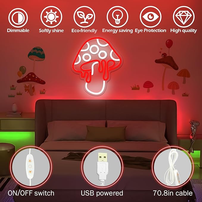 Mushroom Neon Sign Dimmable Led Mushroom Neon Light Cute Neon Mushroom Sign Night Light 3d Wall Art Mushroom Neon Signs For Wall Decor Game Room Bedroom Decor Holiday Gift For Children Kids Girl