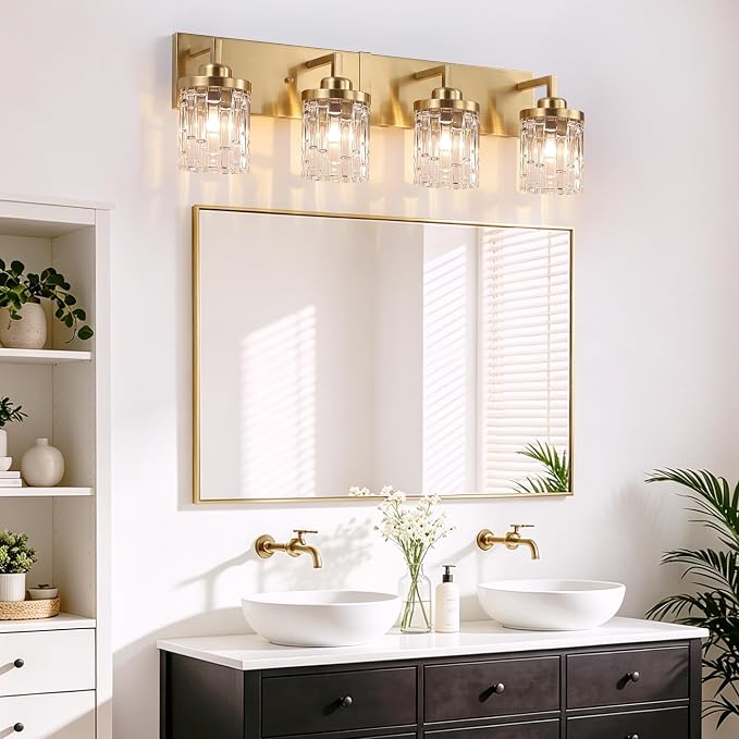 maesta Gold Bathroom Light Fixture,4 Light Modern Vanity Light Over Mirror | Modern Vanity Light, Gold Metal & Crystal Glass Fixture, Anti-Rust, Easy to Install for Bathroom Hallway Bedroom Entryway