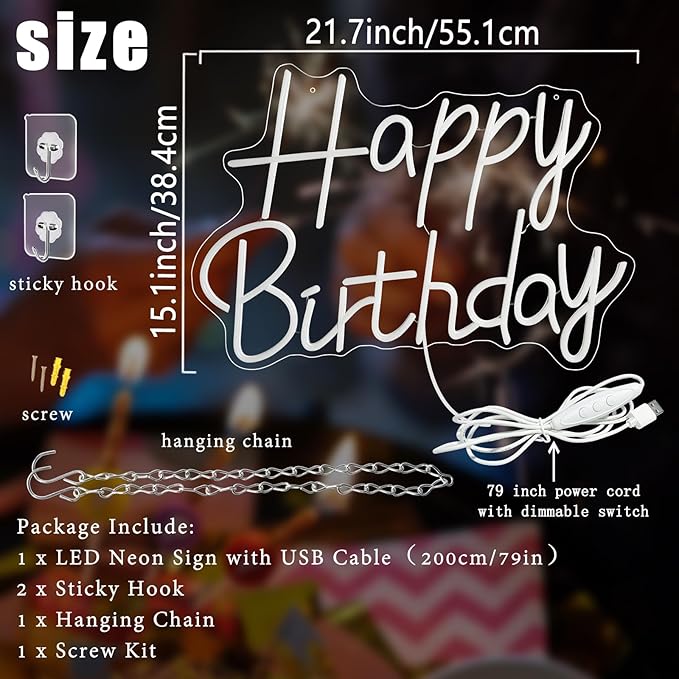 Happy Birthday Neon Sign, 21.7 x 15.1 Inch Neon Signs Large Size, Happy Birthday Neon Light for Wall Decor, Big Birthday Neon Lights for Bedroom Cafe Party Any Ages Bday Celebration Decoration