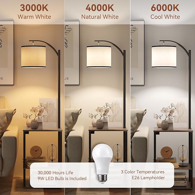 SUNMORY Floor Lamp with Table Shelves, End Side Table for Living Room | USB & AC Charging Stations, 3 Color Temperature 9W LED Bulb, Adjustable Shade, Modern Nightstand Lamps for Bedroom Office