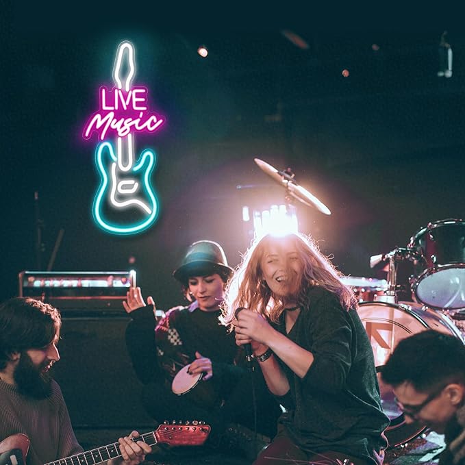 Kavaas Live Music Neon Sign for Wall Decor, LED Guitar Shaped Sign for Music Studio, Bar, Bedroom, Party, Man Cave - Best Gifts for DJs Enthusiast, Birthday, Christmas
