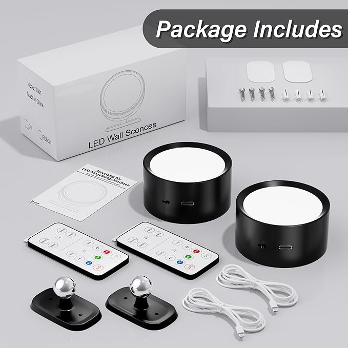 LED Wall Mounted Lights,Rechargeable Battery Operated Wall Sconce with Remote,3 Color Temperatures & Dimmable Magnetic 360° Rotation Cordless Wall Light for Bedside Reading,Bedroom,Closet,2 Pack
